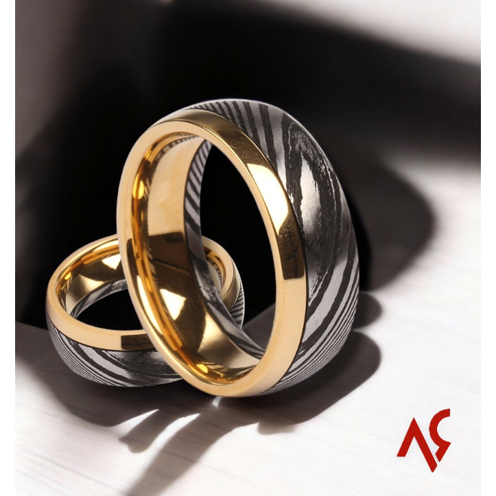 The Pathfinder | Men's Stainless Damascus Steel Wedding Band with Gold Accents and Sophisticated Design