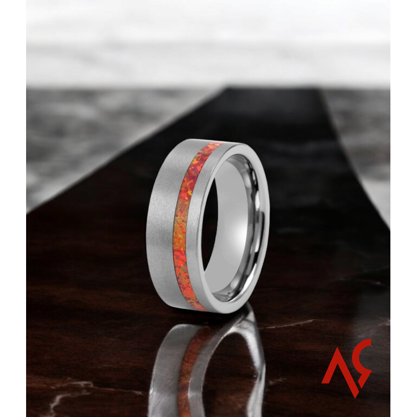 The Vortex | Men's Brushed Tungsten Wedding Band with Orange Opal Inlay and Comfort Fit
