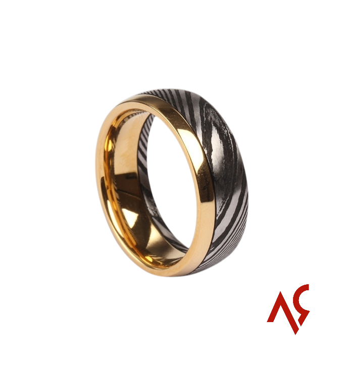 The Pathfinder | Men's Stainless Damascus Steel Wedding Band with Gold Accents and Sophisticated Design