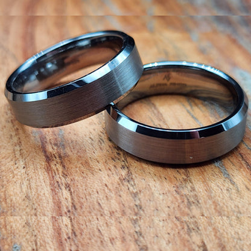 Maverick | Men's Black and Silver Tungsten Carbide Wedding Band with Beveled Edges and Comfort Fit