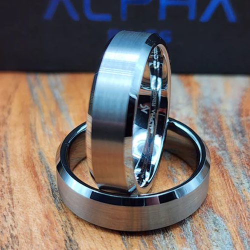 Maverick | Men's Black and Silver Tungsten Carbide Wedding Band with Beveled Edges and Comfort Fit