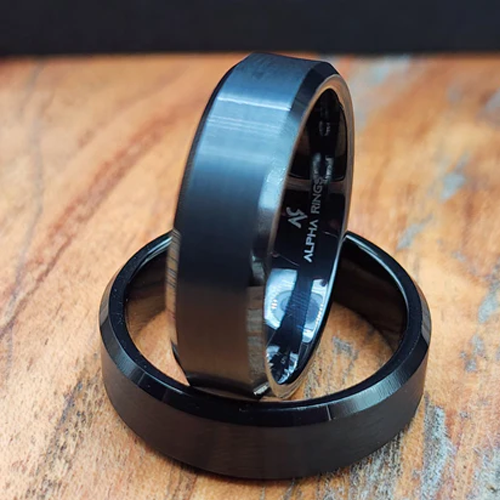 Maverick | Men's Black and Silver Tungsten Carbide Wedding Band with Beveled Edges and Comfort Fit