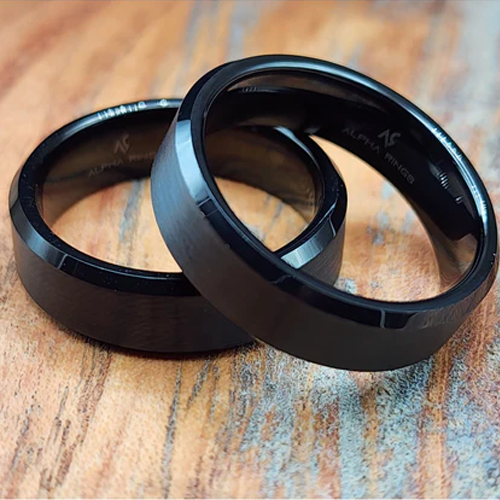 Maverick | Men's Black and Silver Tungsten Carbide Wedding Band with Beveled Edges and Comfort Fit