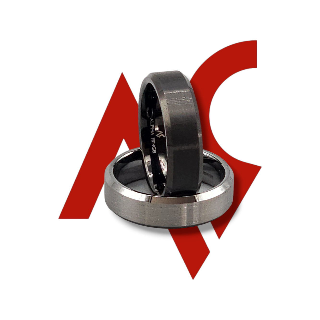 Maverick | Men's Black and Silver Tungsten Carbide Wedding Band with Beveled Edges and Comfort Fit