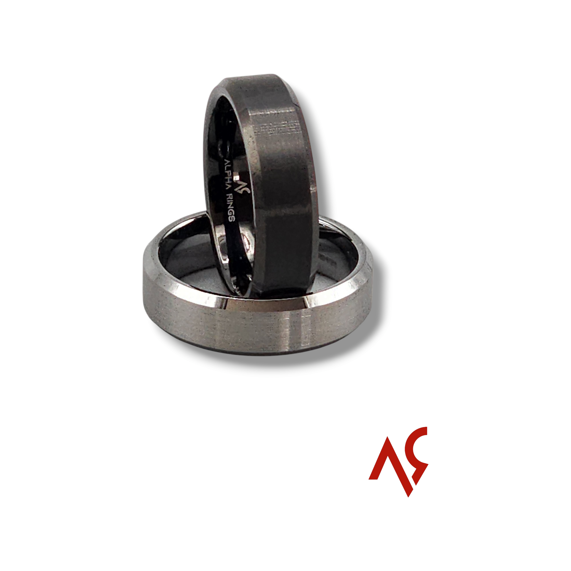 Maverick | Men's Black and Silver Tungsten Carbide Wedding Band with Beveled Edges and Comfort Fit